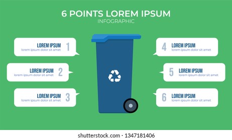 6 points with wheeled trash can illustration, infographic element vector, can be used for describing how to reduce waste or garbage, the proccess of waste treatment, types of garbage.