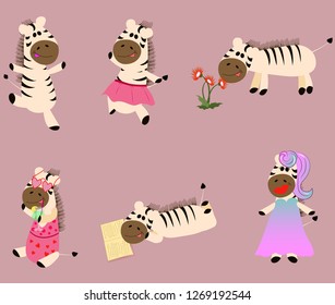 6 poses of cartoon style zebra. Hand-draw. Vector illustration.