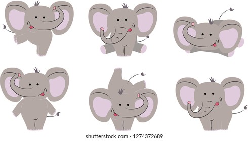 6 poses of nice cute elephant. Cartoon style. Vector illustration.