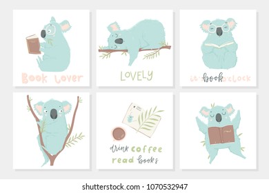 6 postcard template with illustrations and lettering. Cute blue koala hand drawn illustration could use as card, tag, poster, label template design. Baby shower room decor element or invitation