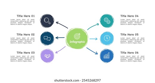 6 Process infographic arrow with circle design template. Diagram, Plan, Annual Report, Presentation, and Organization.