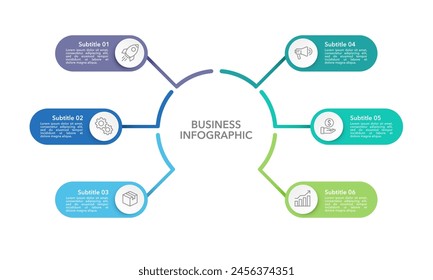 6 process infographic circle design template. Diagram, annual report, marketing, planning, business presentation, and organization. Vector illustration.