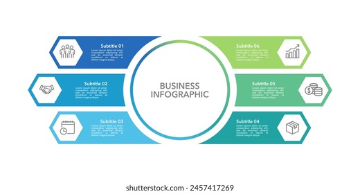 6 proceso de Plantilla de diseño infográfico. Presentación de crecimiento empresarial, Desarrollo, Marketing, Organización y Planificación. Ilustración vectorial.