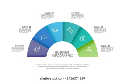 6 process infographic semicircle design template. Diagram, annual report, marketing, planning, business presentation, and organization. Vector illustration.