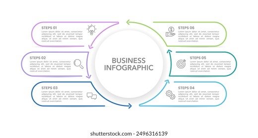 6 Infografía de proceso Plantilla de diseño de línea delgada. Presentación de negocios, planificación, flujo de trabajo, marketing, folleto y Anuncio. Ilustración vectorial.