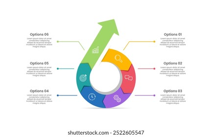 6 Processo para o sucesso no projeto infográfico número seis.  Apresentação de negócios, roteiro, cronograma e planejamento. Ilustração vetorial.