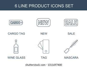 6 product icons. Trendy product icons white background. Included line icons such as cargo tag, new, sale, wine glass, tag, mascara. product icon for web and mobile.