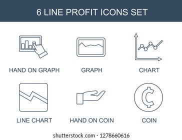 6 profit icons. Trendy profit icons white background. Included line icons such as hand on graph, graph, chart, line chart, hand on coin, coin. profit icon for web and mobile.