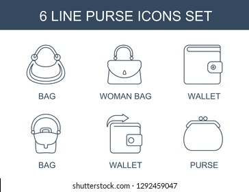 6 purse icons. Trendy purse icons white background. Included line icons such as bag, woman bag, wallet, Wallet. purse icon for web and mobile.