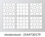 6 puzzles infographics with 16 pieces. Jigsaw business chain infographic set. Puzzle grid. Process diagram presentation. Business info graphic with steps, parts. Vector illustration