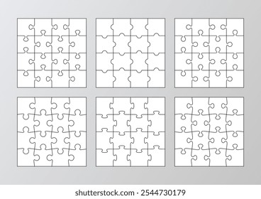 6 puzzles infographics with 16 pieces. Jigsaw business chain infographic set. Puzzle grid. Process diagram presentation. Business info graphic with steps, parts. Vector illustration