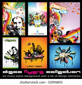 6 Quality Colorful Background for Discoteque Event Flyers with music design elements -Set 1