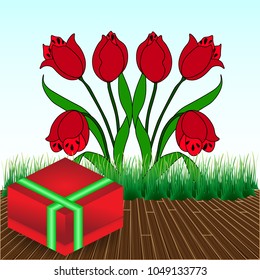 6 red tulips with gift box, vector illustration.