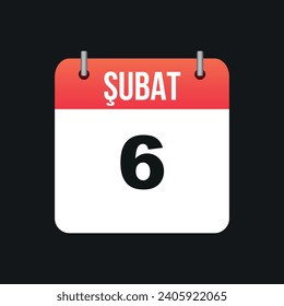 Şubat 6, Red and White Color Calendar Page Black Outline