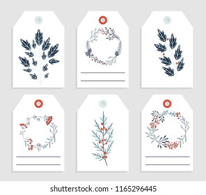 6 redy to print christmas gift tag with place for your text. Christmas tags with branches, berries and wreaths in blue, red and white colors. Vector collection