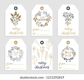 6 redy to print christmas gift tag with gold glitter texture and place for your text. Christmas tags with branches, berries and wreaths in gold, blue, white colors. Vector collection