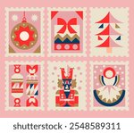 6 retro Christmas stamps.
Colorful geometric illustrations with holiday elements, candy, gifts, a Christmas tree, nutcracker, winter angel. A warm pastel palette with the aesthetics of old Christmas