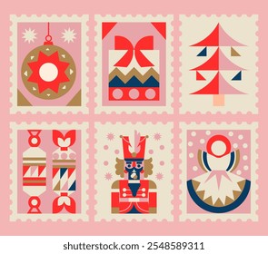 6 retro Christmas stamps.
Colorful geometric illustrations with holiday elements, candy, gifts, a Christmas tree, nutcracker, winter angel. A warm pastel palette with the aesthetics of old Christmas