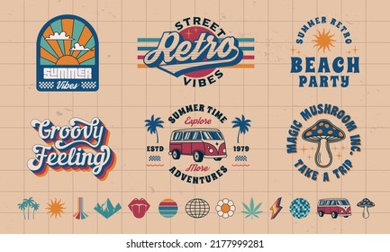 6 Retro Groovy logo templates and 13 trendy elements to create your own design. Print for t-shirt, banner, poster, cover, badge and label. Retro 70's typography design. Vector illustration svg