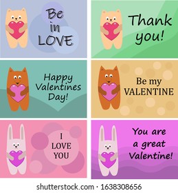 6 romantic cards with cute cats, foxes and rabbits with heart-hugging in flat style. Be in love, thank you, Happy Valentine's Day, be my Valentine, I love you, you are a great Valentine.