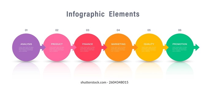 6 round infographic blocks with arrows and text. Vector infographic design template