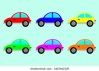6 round shaped cars in 6 different colors - flat design