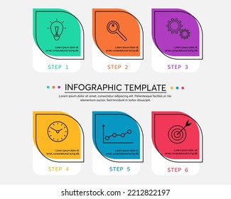 6 formas redondeadas infográficas. Iconos y texto sencillos de la plantilla de diseño de infografías. Se puede utilizar como estrategia de flujo de trabajo de procesos de presentación. Ilustración vectorial.