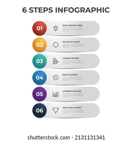 6 row list of steps, layout diagram with number of sequence and icons, infographic element template