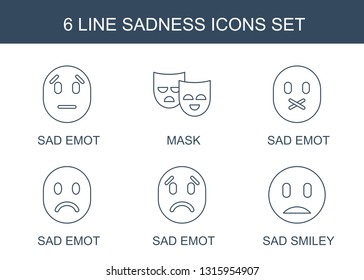 6 sadness icons. Trendy sadness icons white background. Included line icons such as sad emot, mask, sad smiley. sadness icon for web and mobile.