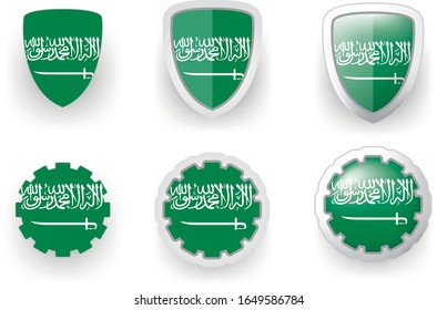 6 Saudi Arabia vector icons - button shield and gear, flat and volumetric style in flag colors green, white for flyer any holiday design or poster