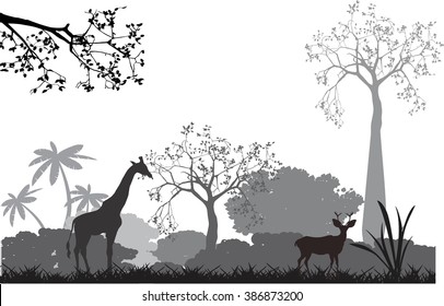 6 Savannah and animals of it silhouettes, trees, grass, grey, black