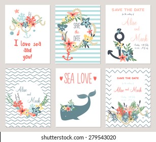 6 save the date cards template collection. Summer ocean flowers bouquets and wreath set. Nautical sea wedding elements. Wedding, marriage, bridal shower, birthday, Valentine's day. Vector illustration