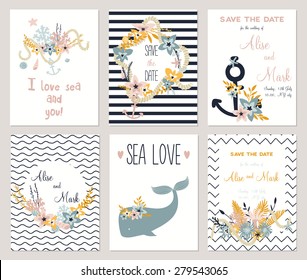 6 save the date cards template collection. Summer ocean flowers bouquets and wreath set. Nautical sea wedding elements. Wedding, marriage, bridal shower, birthday, Valentine's day. Vector illustration