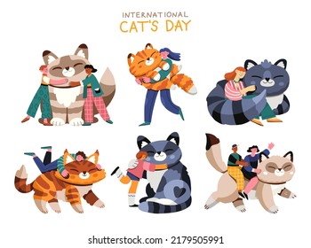 6 escenas con gente feliz y grandes felinos. Conjunto de conceptos divertidos de amor, cuidado y felicidad. Día del gato. Caracteres machos y hembras de longitud completa con una mascota. Ilustración vectorial de dibujos a mano plana