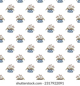6) Seamless pattern with pot for flowers. Doodle color vector illustration.