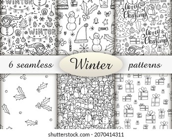 6 seamless patterns in doodle style. Winter endless illustration is hand-drawn. Happy New Year 2022 and Merry Christmas. Black and white elements on a white background.