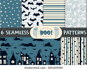 6 seamless patterns. Halloween - October 31. Hand-drawn doodle illustration. A traditional holiday, the eve of All Saints ' Day, All Hallows' Eve. Trick or treat. Happy Halloween 2021!