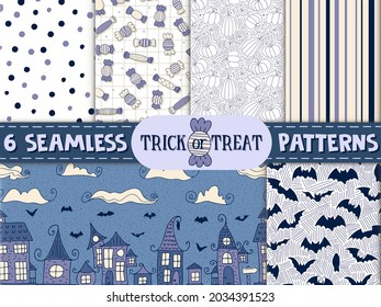 6 seamless patterns. Halloween - October 31. Hand-drawn doodle illustration. A traditional holiday, the eve of All Saints ' Day, All Hallows' Eve. Trick or treat. Happy Halloween 2021!