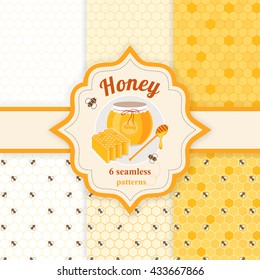6 seamless patterns, honey bees, honeycombs.