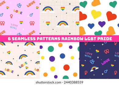 6 seamless patterns rainbow LGBT pride. Background for banner, flyers, print, textiles, packaging