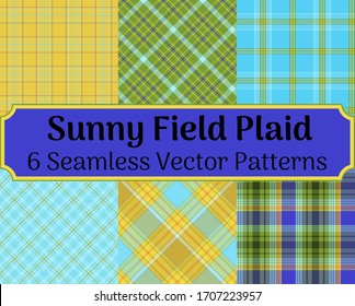 6 Seamless Vector Repeat Patterns of Madrid Plaid in Cheerful Spring Colors. Colors are cyan, classic blue, grass green, and daffodil yellow.