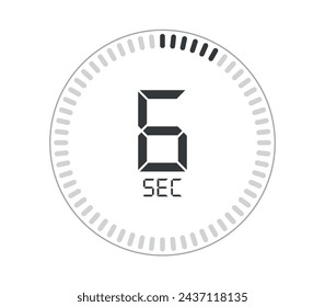 6 seconds. Seconds counter digital watch design. Vector for marking time isolated on white background