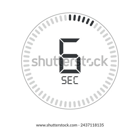 6 seconds. Seconds counter digital watch design. Vector for marking time isolated on white background