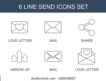 6 send icons. Trendy send icons white background. Included line icons such as love letter, mail, share, arrow up. send icon for web and mobile.