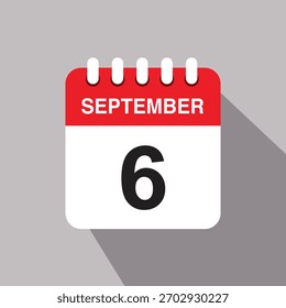 ícone de data do calendário de 6 de setembro. ilustração vetorial com design de sombra