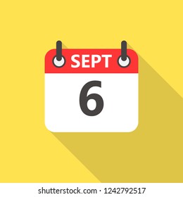 6 september calendar flat style icon with long shadow.