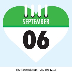 6 September calendar icon green heart shape on light sky blue color background, calendar vector symbol for the month of September.