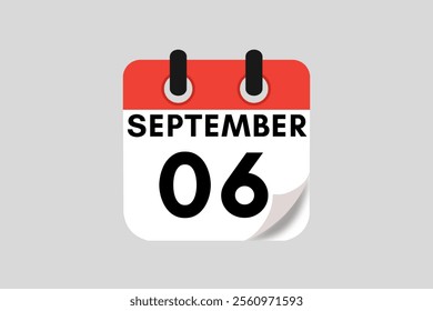 6 September calendar icon text page monthly web design on red, white, black and ash background vector, icon, or illustration with the month of September 6
