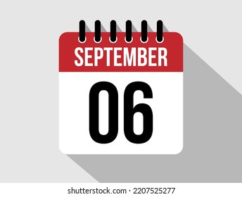 6 September calendar vector icon. Red september date for the days of the month