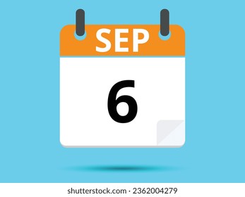 6 September. Flat icon calendar isolated on blue background. Vector illustration.